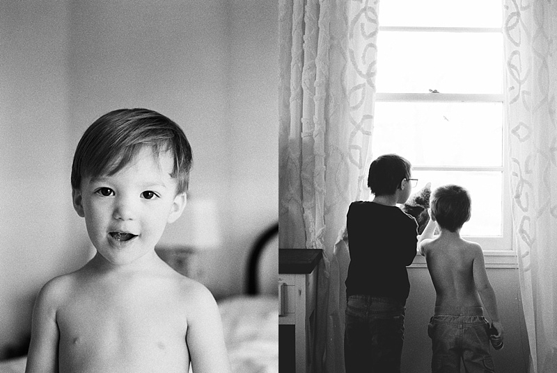 Image on the left is a toddler playfully grinning at the camera. Image on the right are two boys looking out the window at their cat sitting on the ledge. 