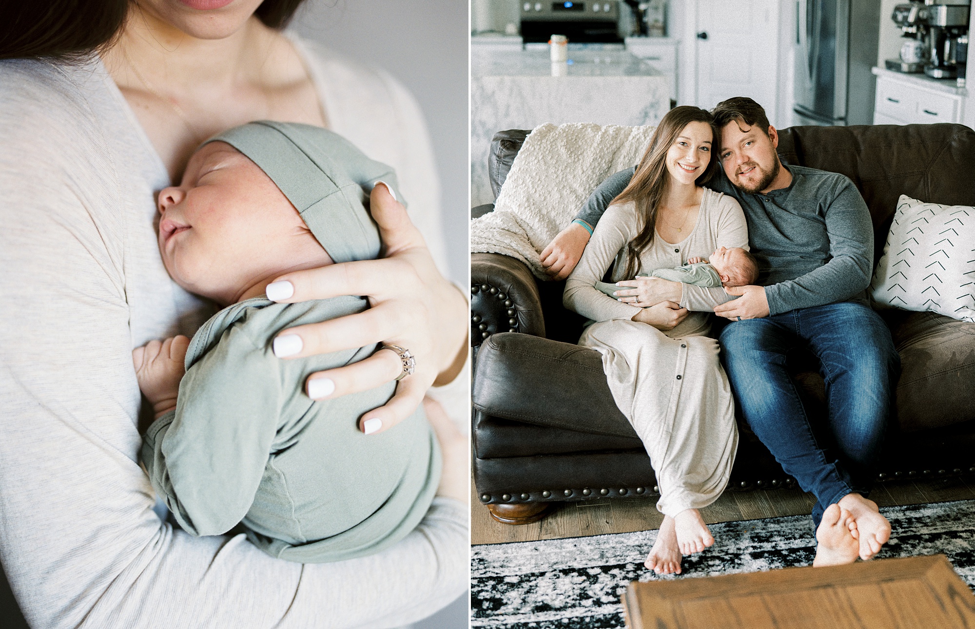 mom holds baby boy to chest during In Home Lifestyle Newborn photos