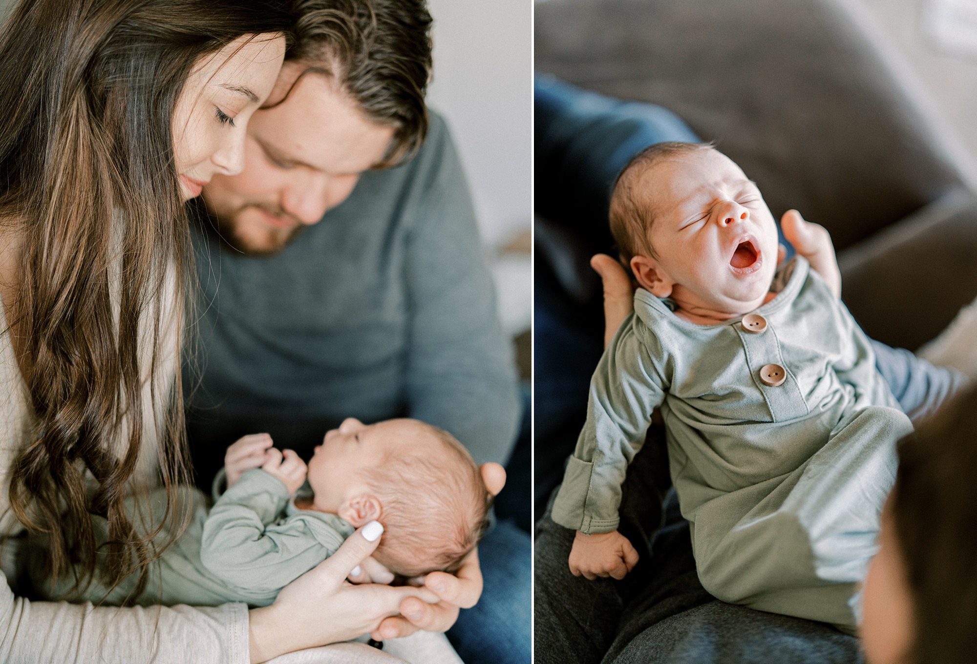 new parents look down at baby boy during lifestyle newborn photos at home