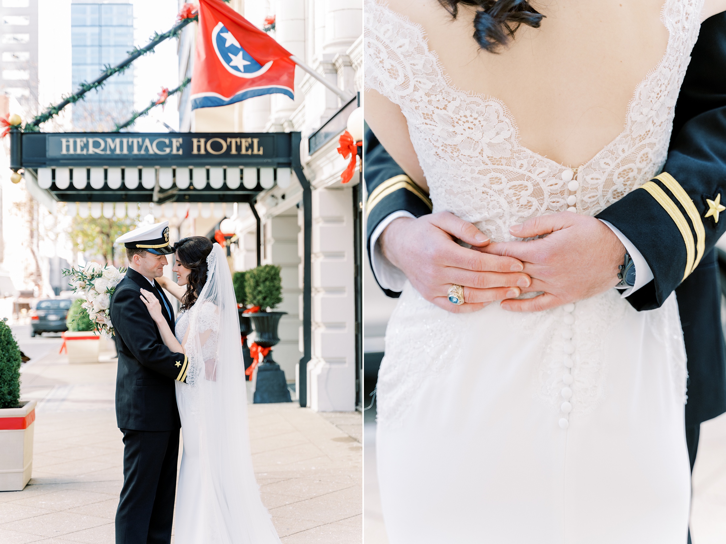 bride and groom hug outside Hermitage Hotel in Nashville