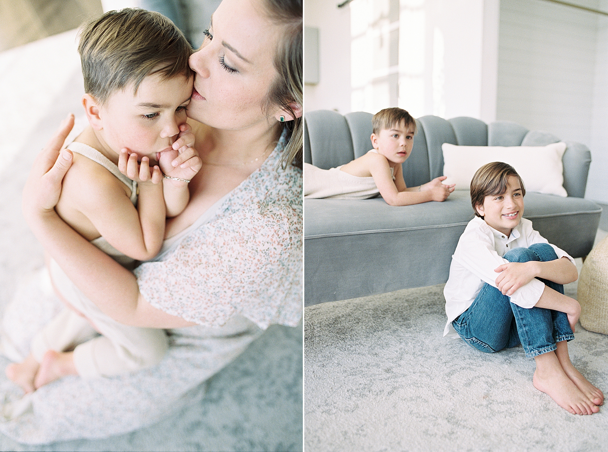 mom kisses son during photos at home with Murfreesboro TN family photographer