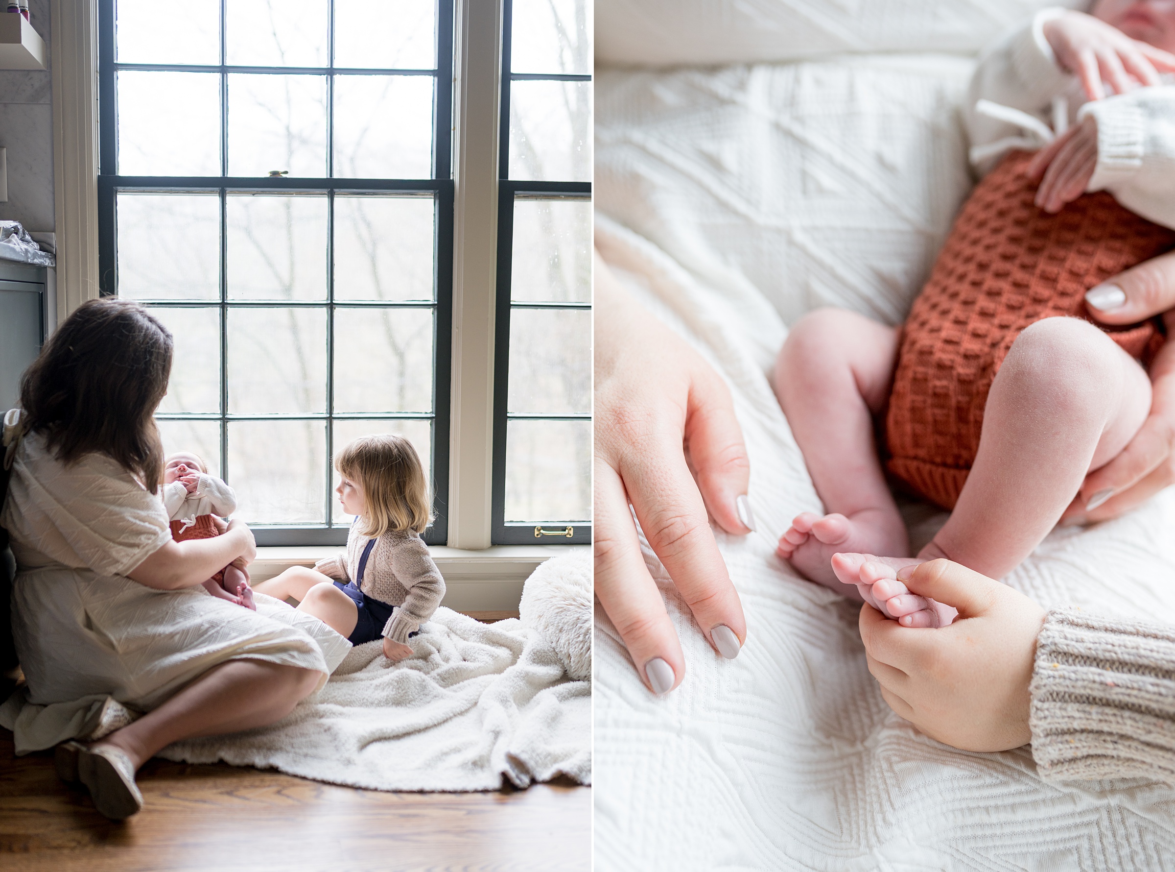 Nashville lifestyle newborn portrait session with family sitting by window