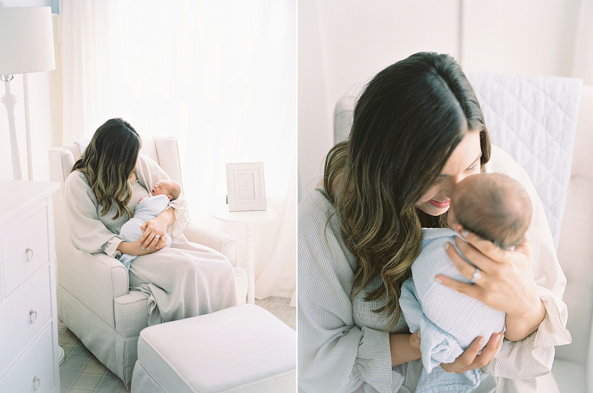 mom snuggles with baby in nursery during at home newborn portraits