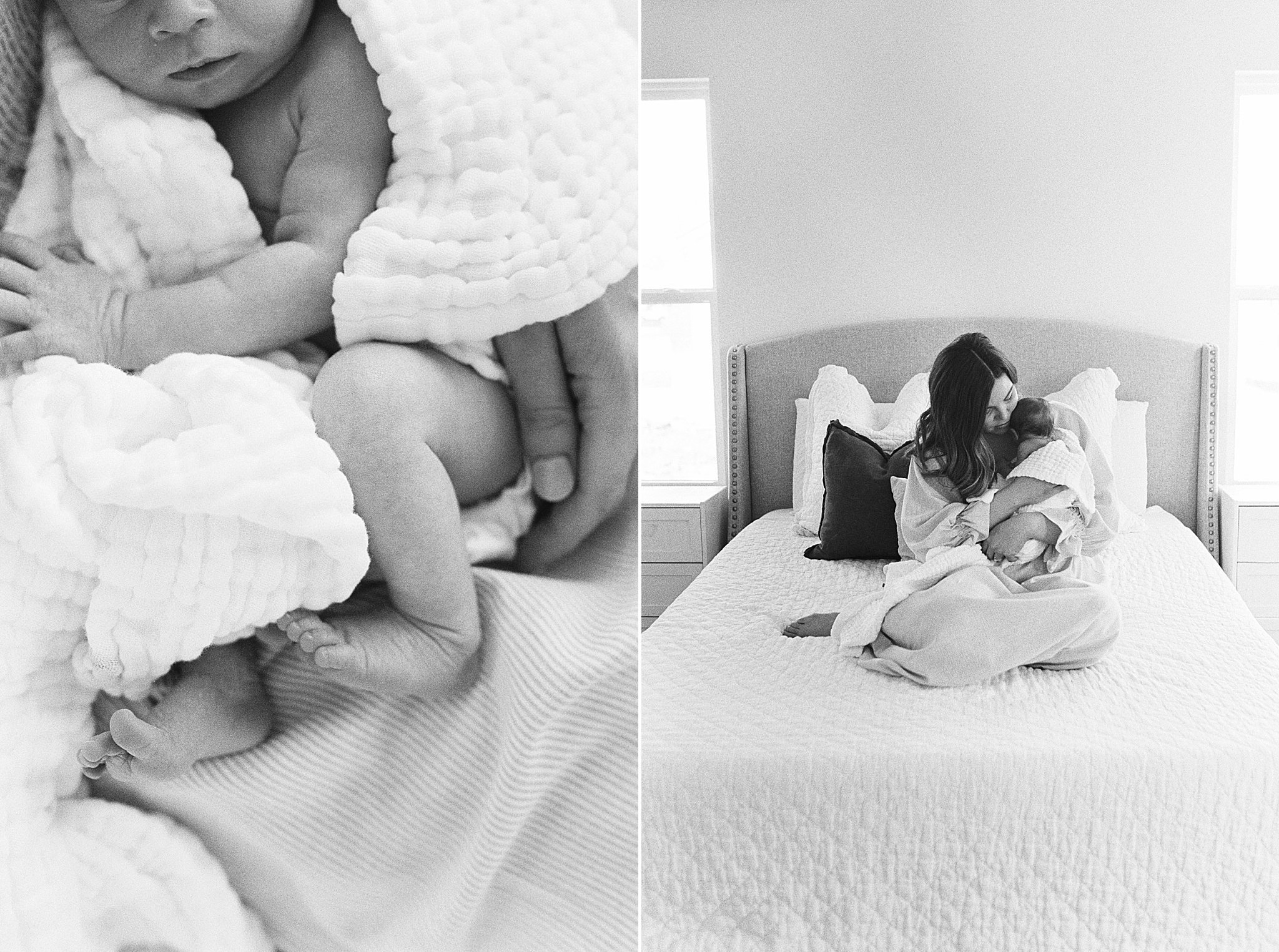 mom sits with son on bed during at home newborn portraits