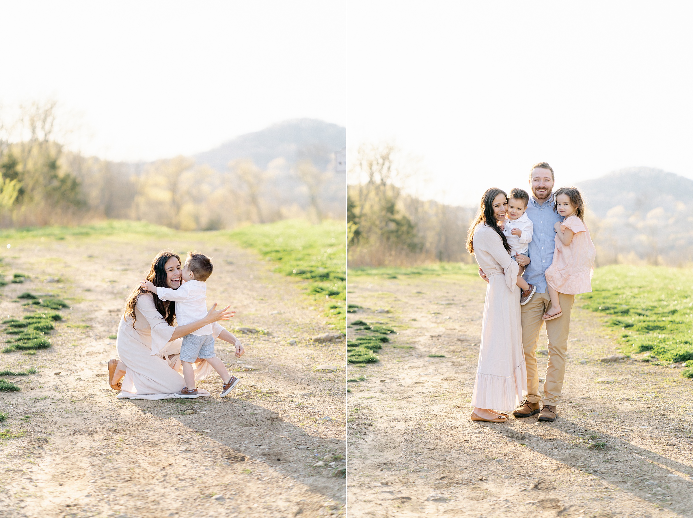 parents hug two young children in field during TN family photos