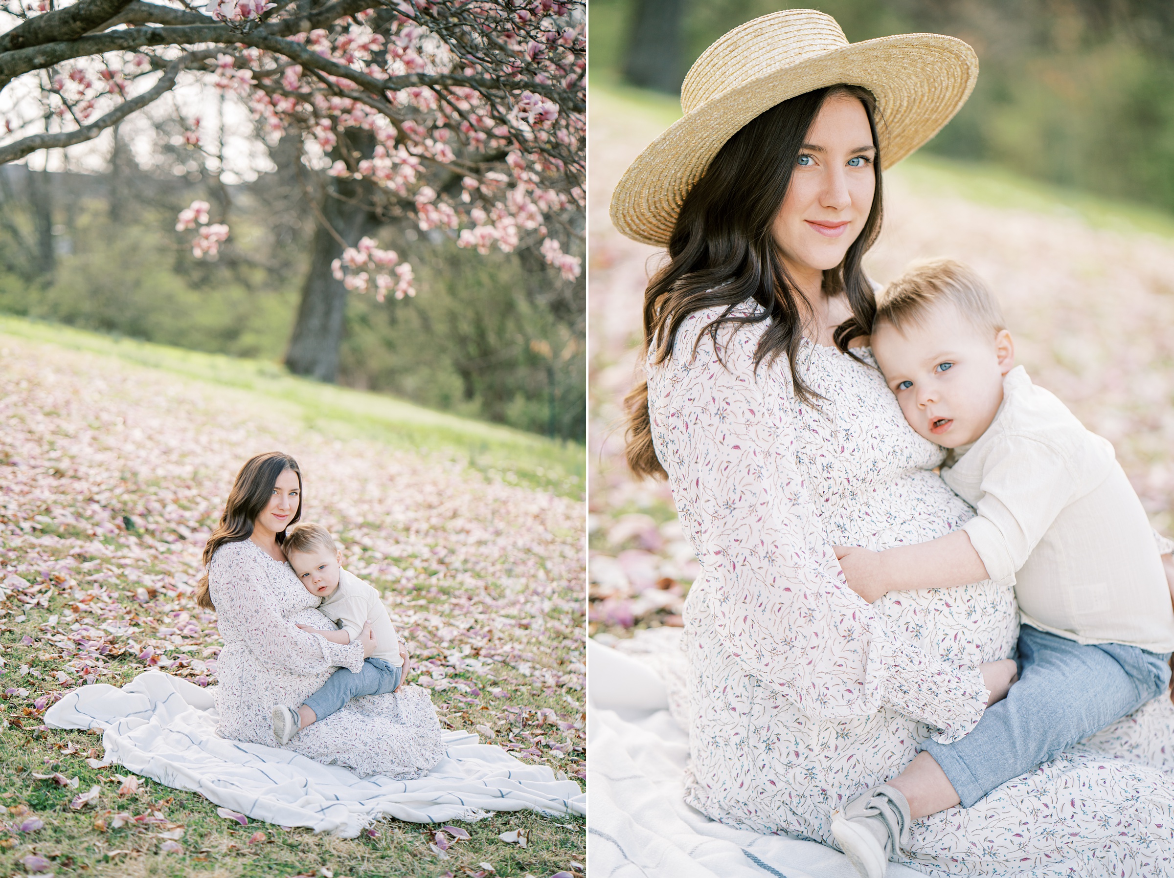 mom and son pose on hill under cherry blossom tree in Nashville TN
