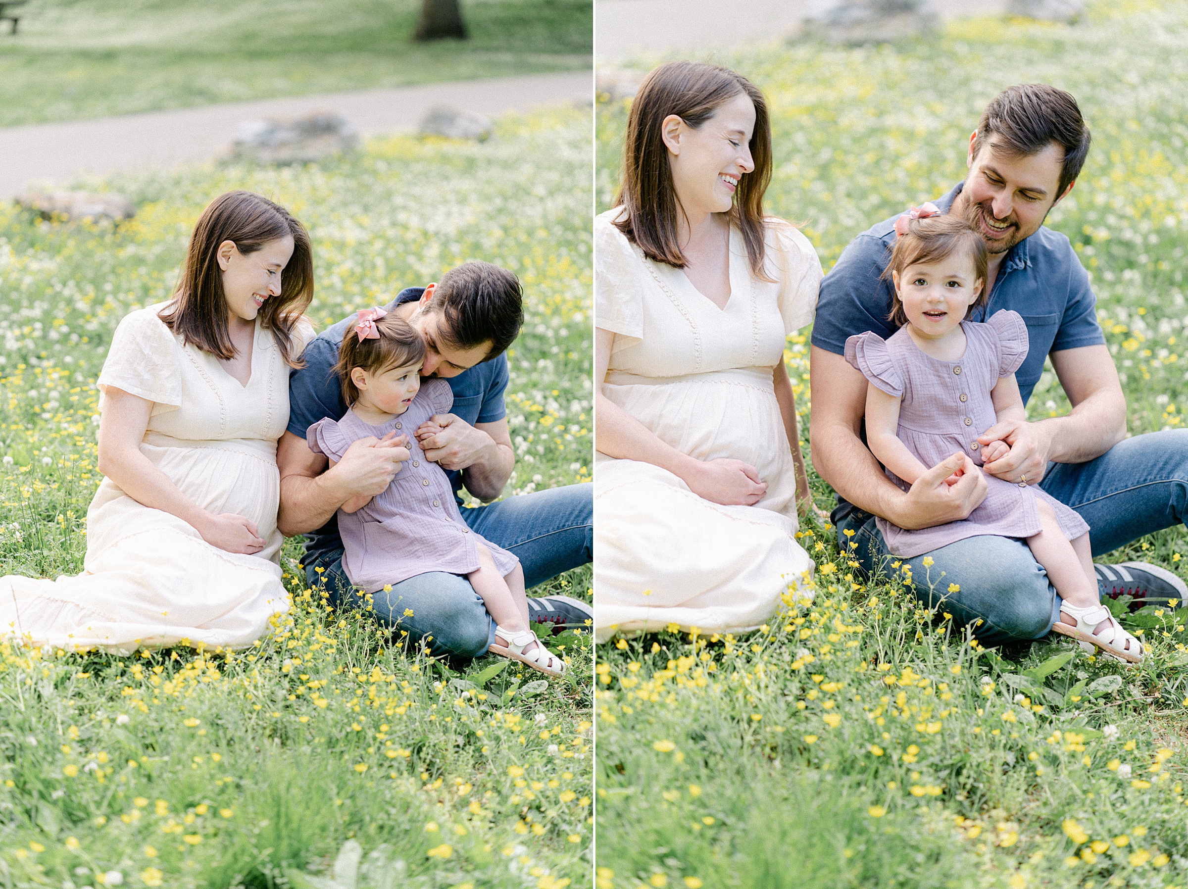 family of sits in field of flowers during family + maternity session