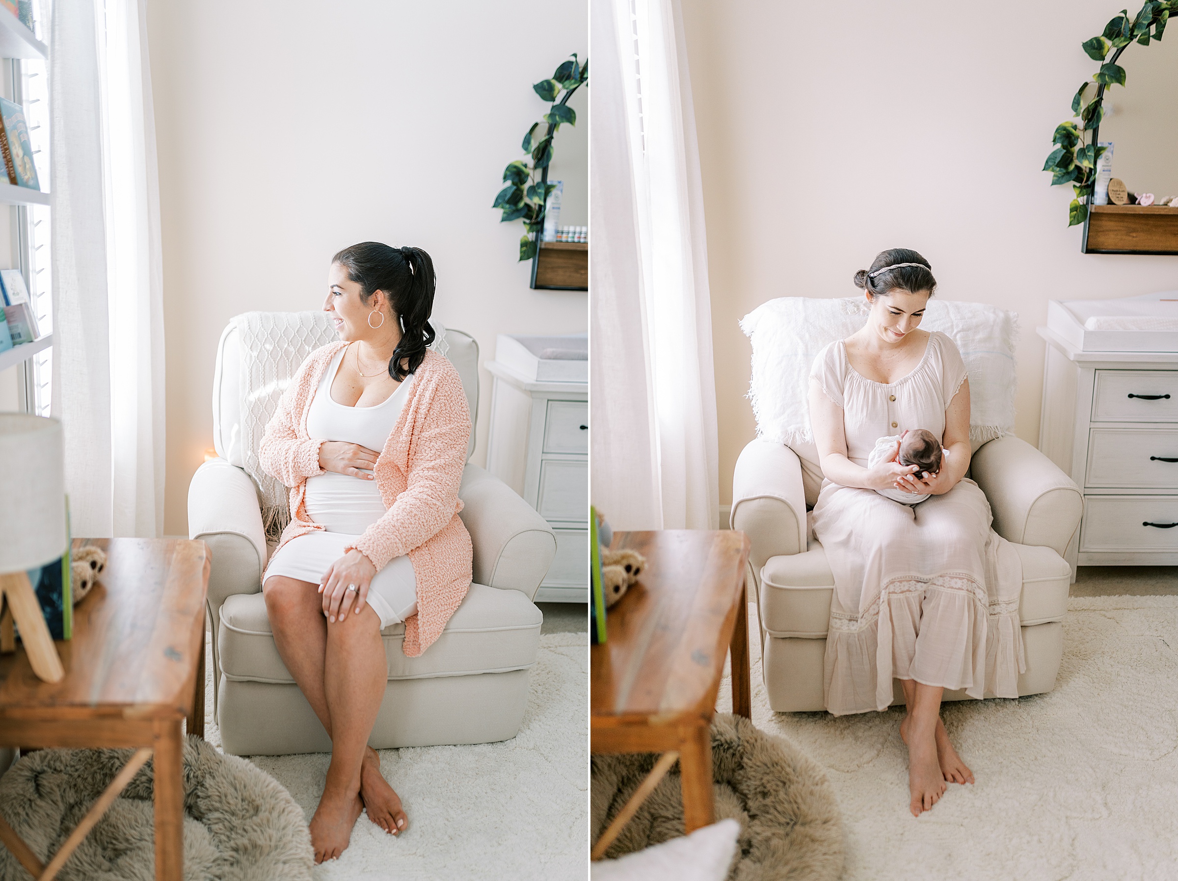 before Maternity photo of mama and after of mama holding newborn girl in nursery chair in Murfreesboro TN
