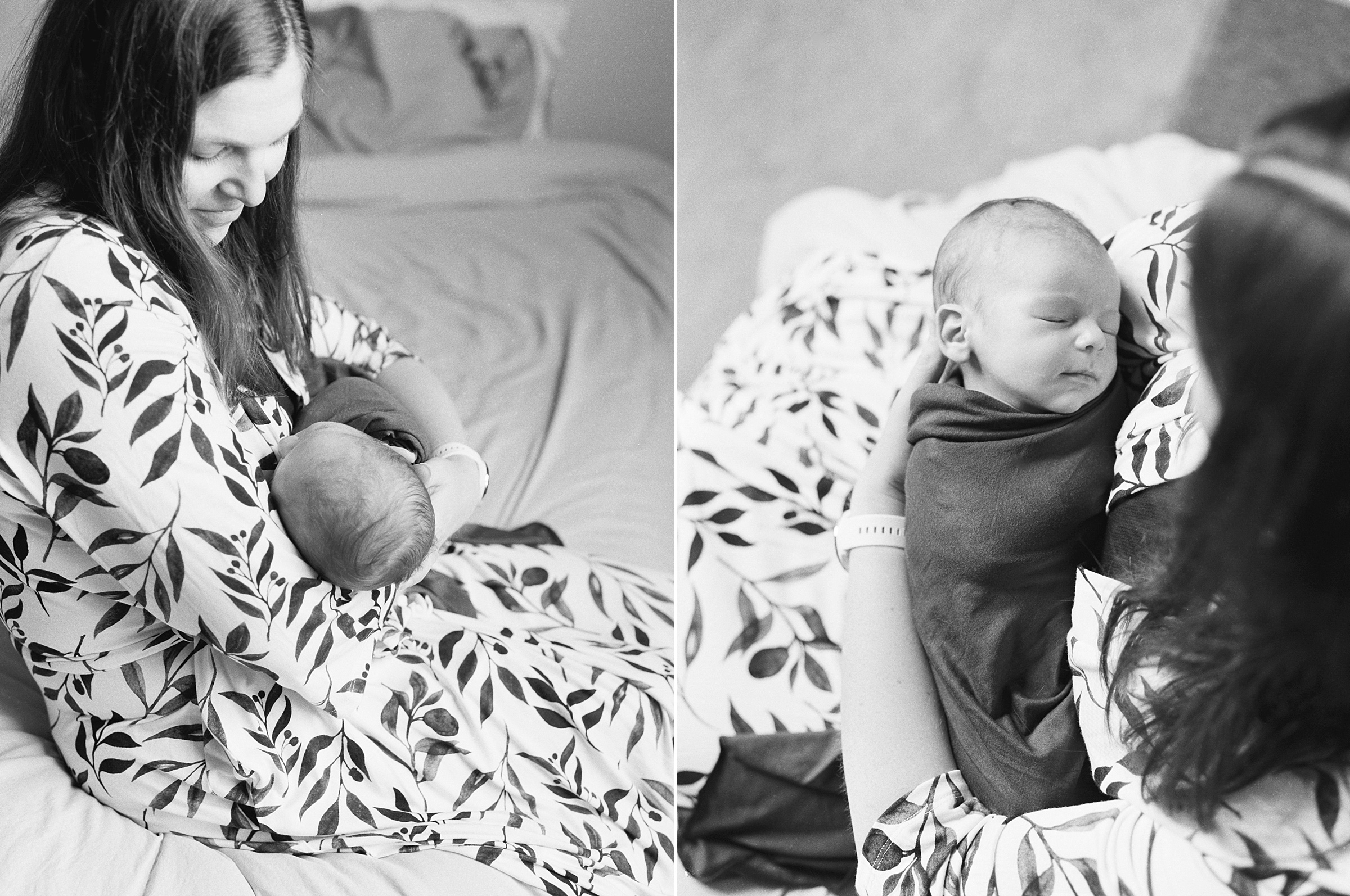 Mom holds newborn son in black and white photo