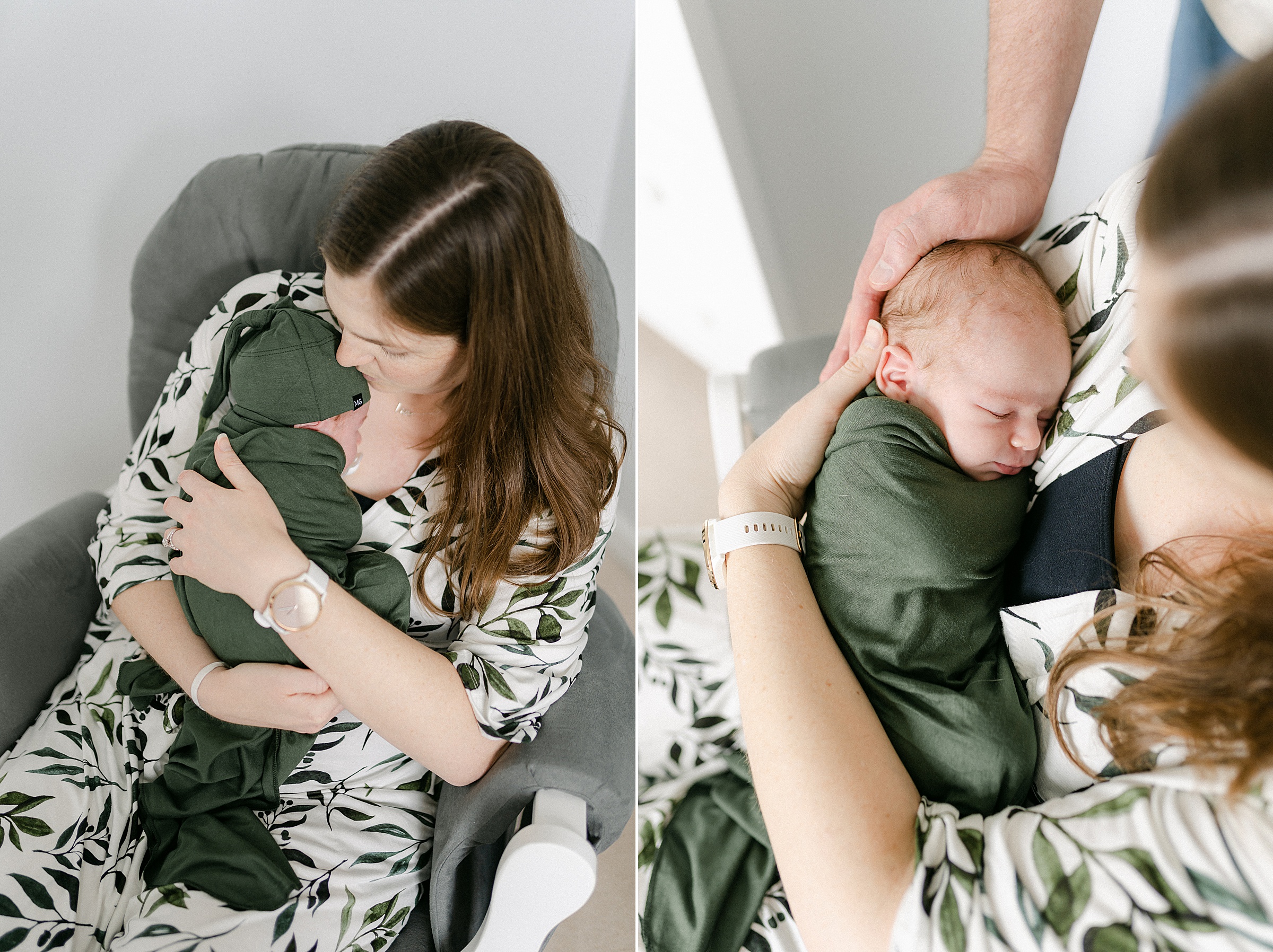 Newborn boy snuggles up to mom sitting in rocking chair during Franklin Lifestyle Newborn Session