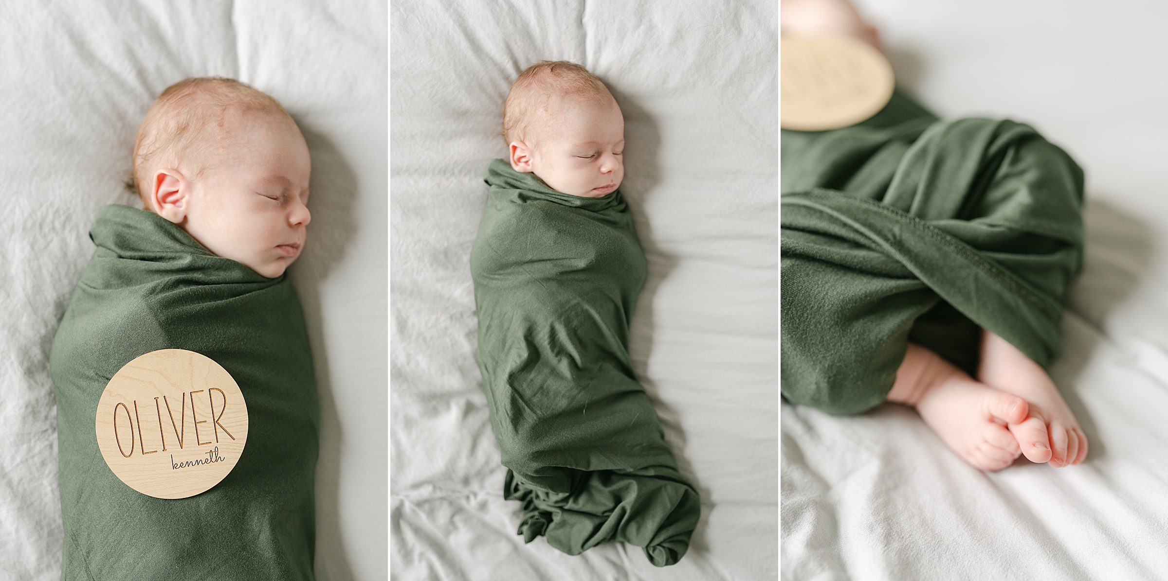 newborn boy wrapped in hunter green blanket during Franklin TN newborn in-home session