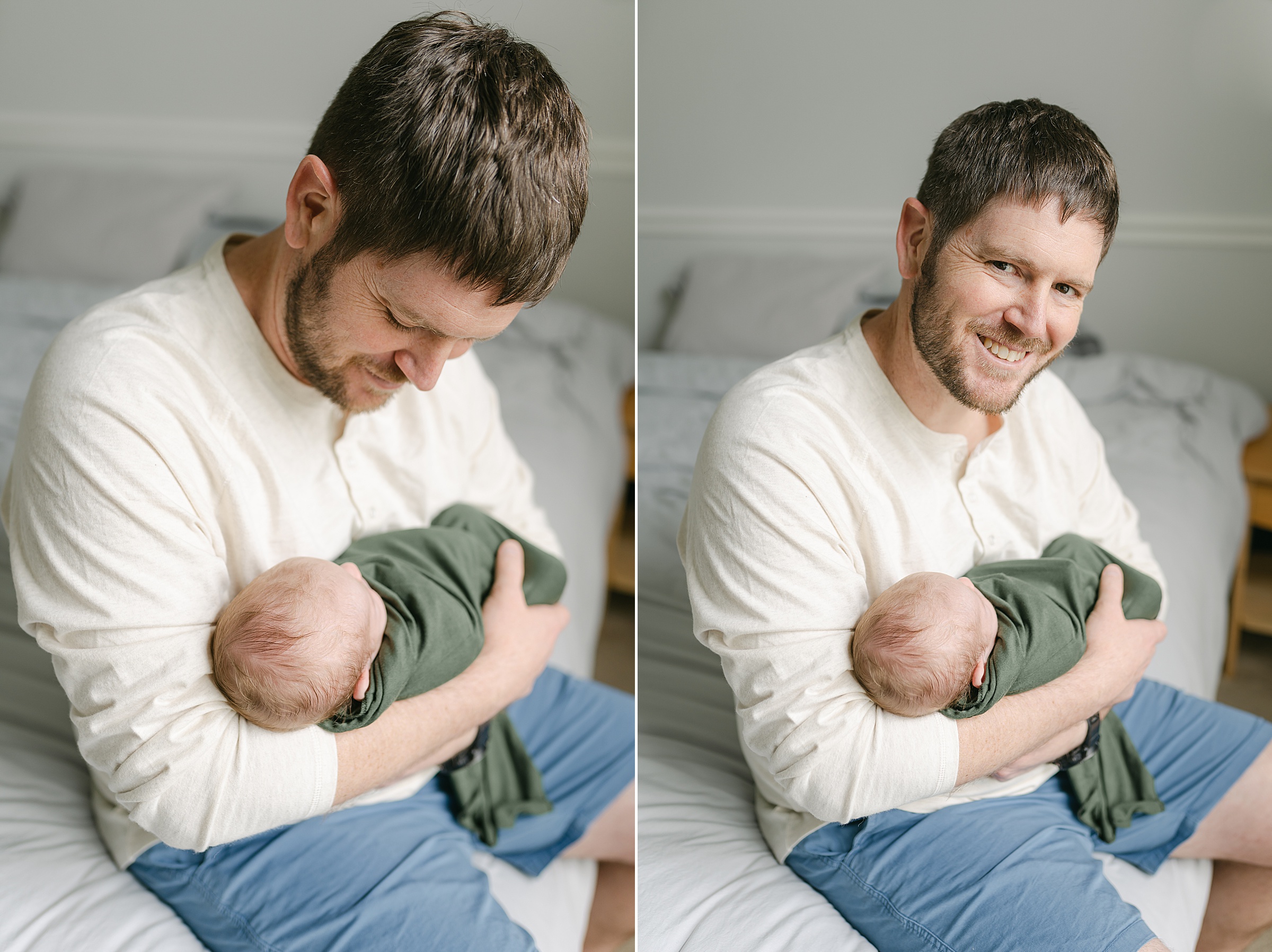 dad holds newborn son in lifestyle newborn session