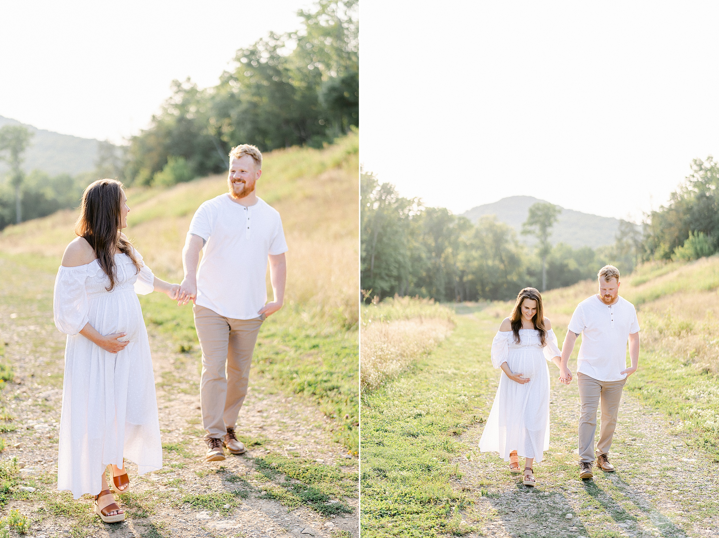 Husband + Wife hold hands as they walk during Brentwood TN Maternity Session by Grace Paul Photography
