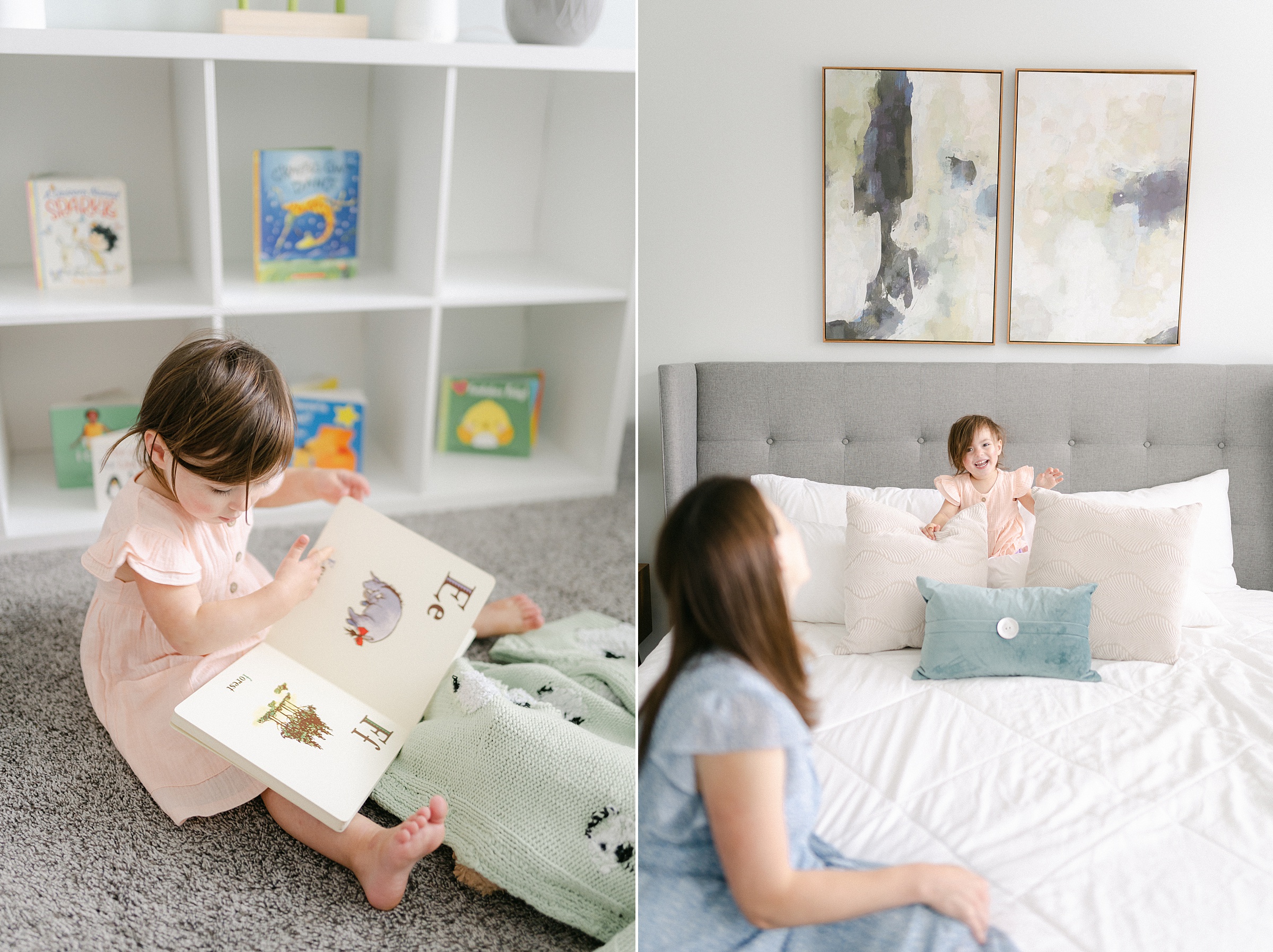 little girl reads books and plays with mom