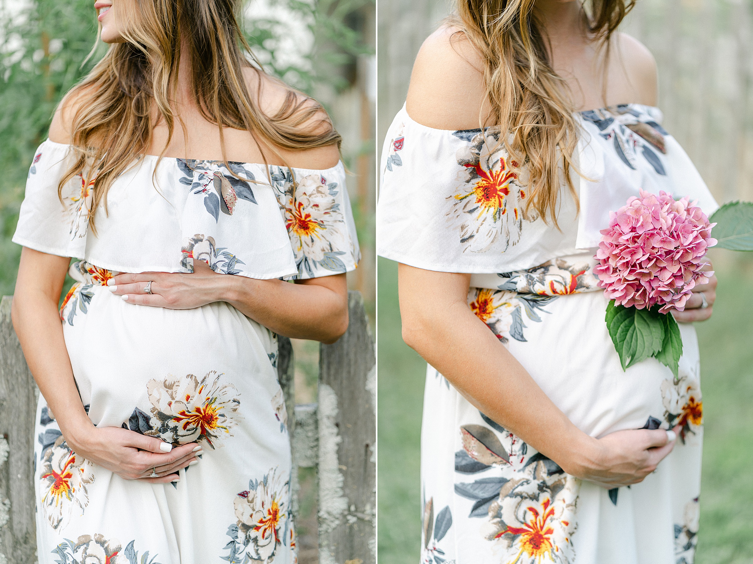 mom and baby bump with beautiful pink flower during Nashville Maternity session