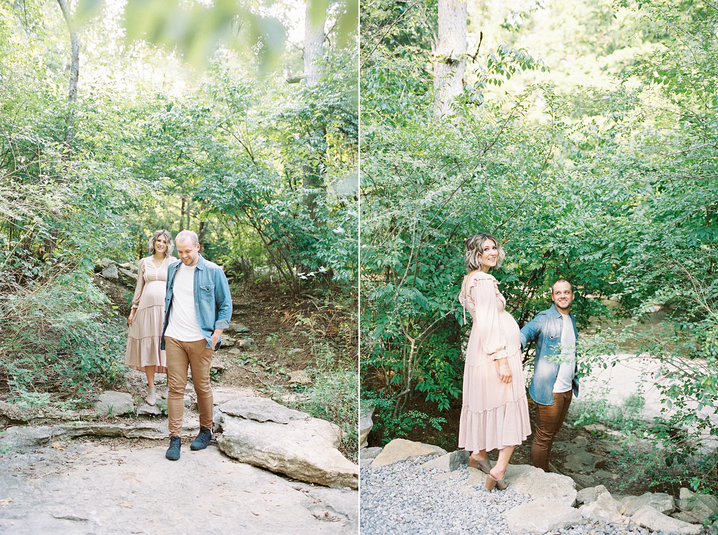 couple walks along rocks in stream during Maternity session at Ellington Agricultural center in Nashville TN