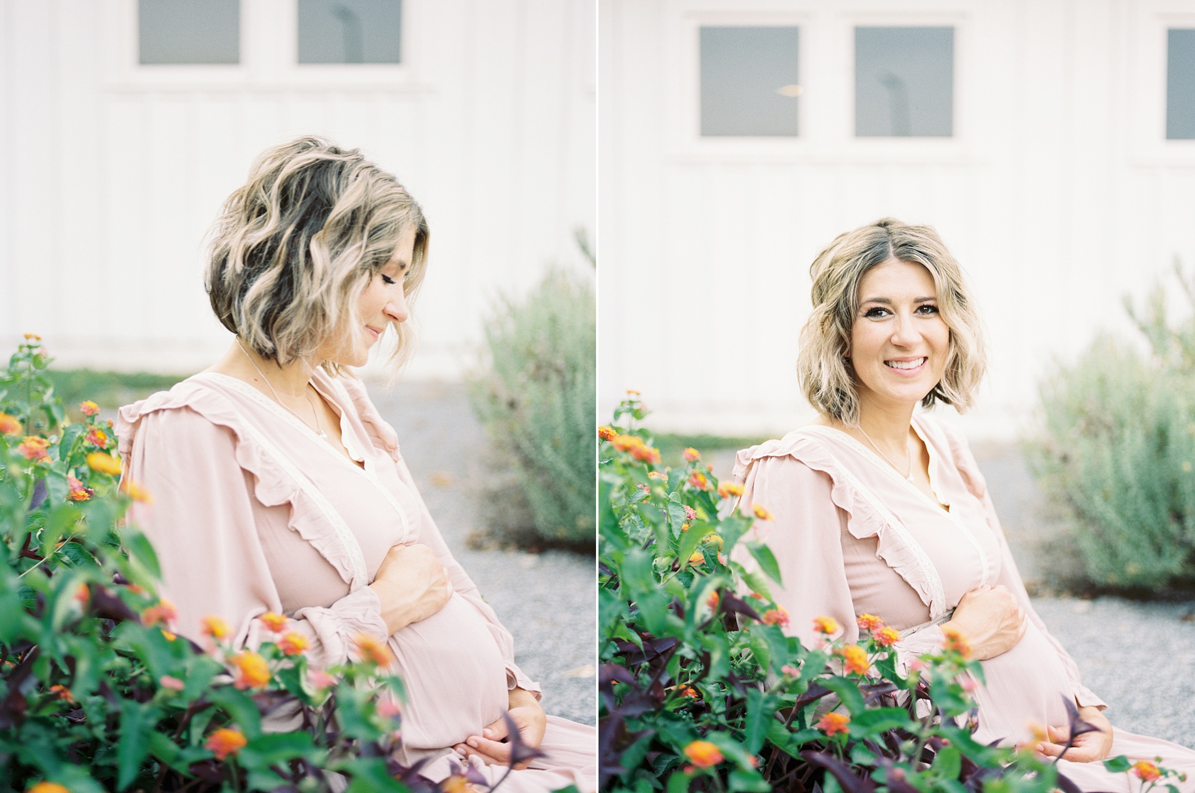 Woman sitting near orange flowers during maternity session