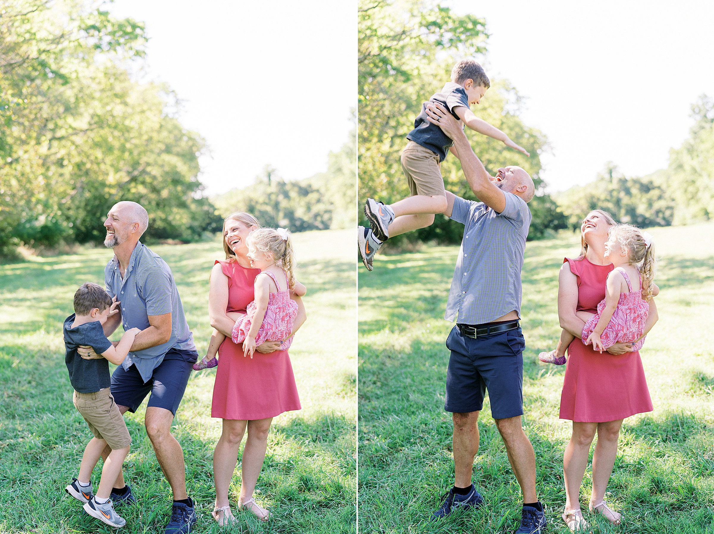 dad lifts son up in the air as wife and daughter watch and laugh