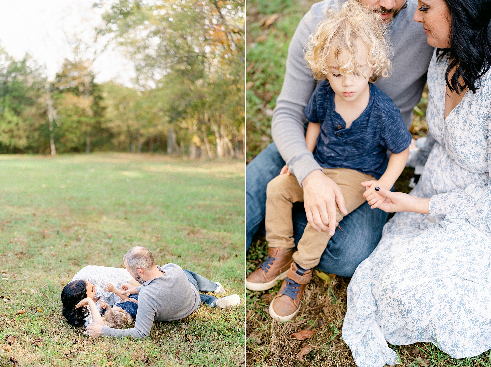 family of three sit in the grass during Nashville Family Session