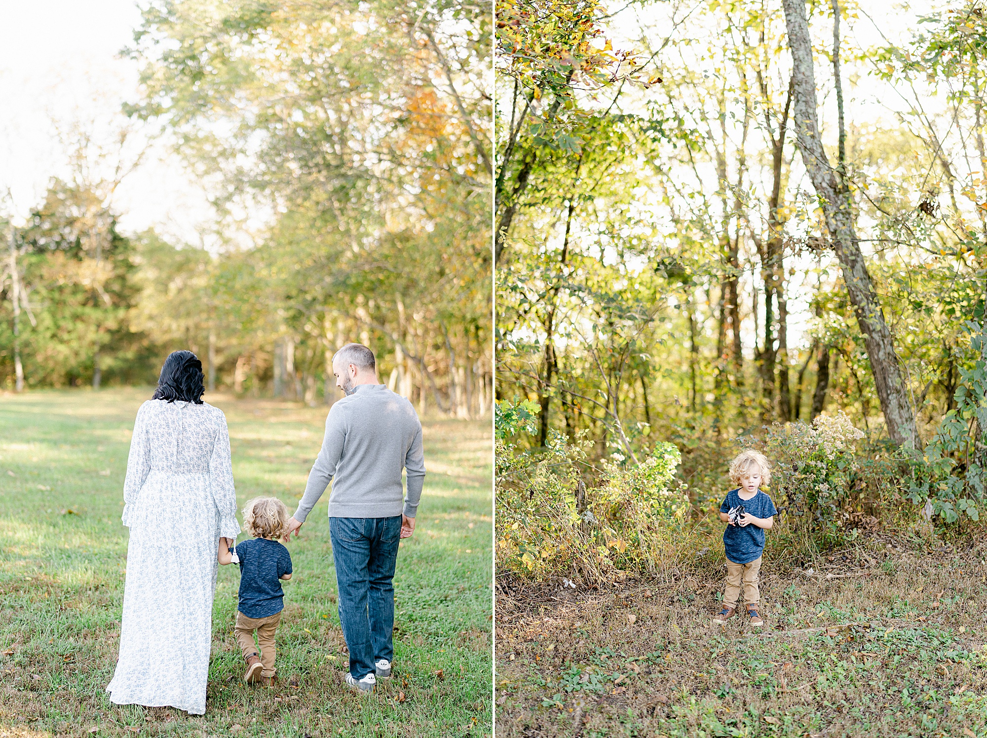 mom and dad walk together with their son as he plays and explores