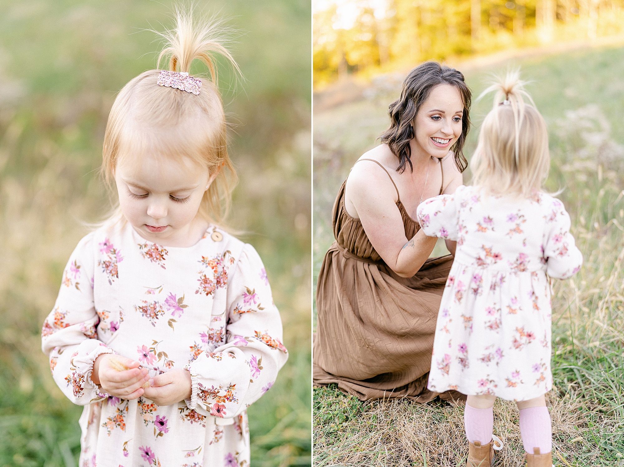 little girl picking flowers with mom during Brentwood TN family session