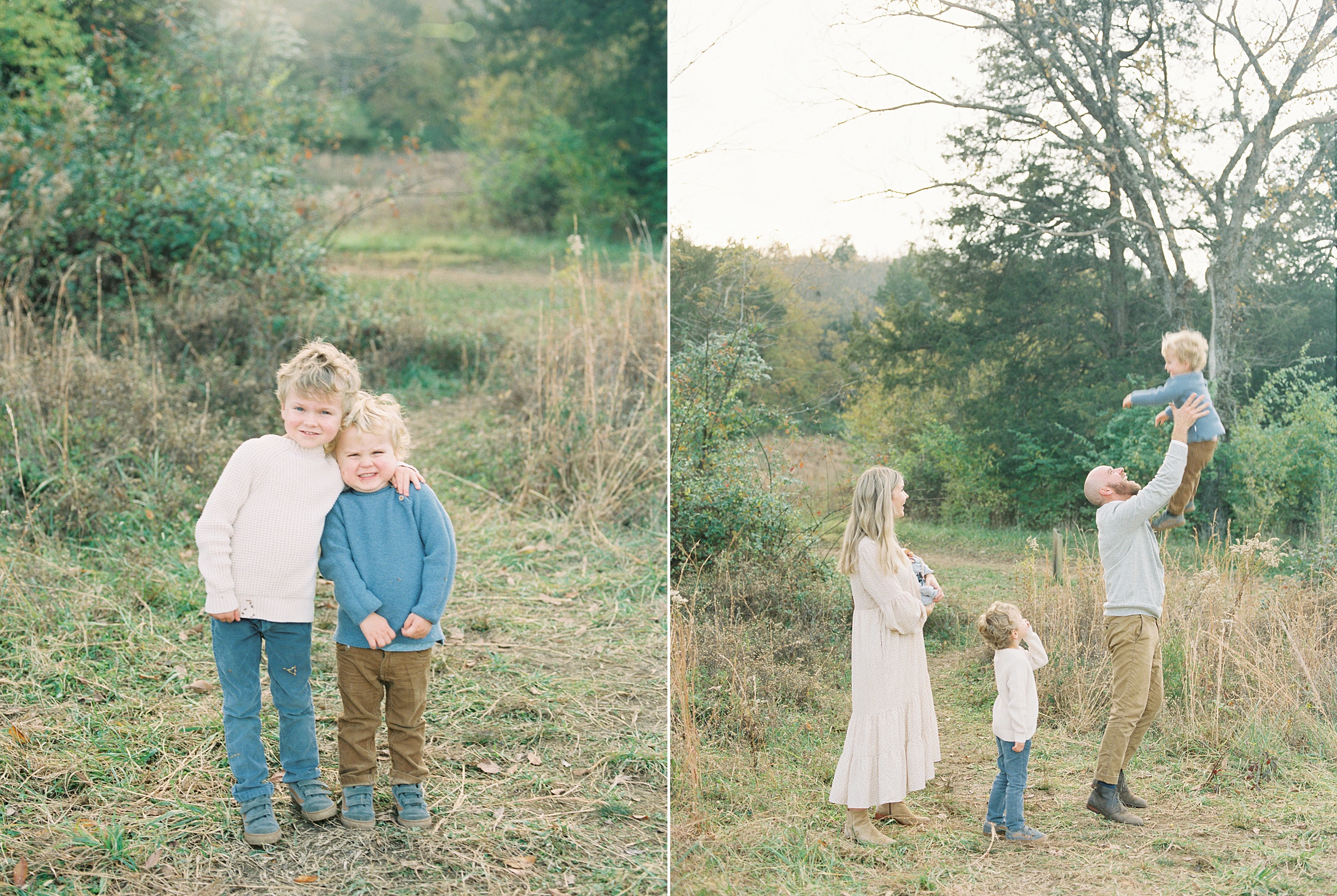 brothers hug and family walks in tall grass during Brentwood family session