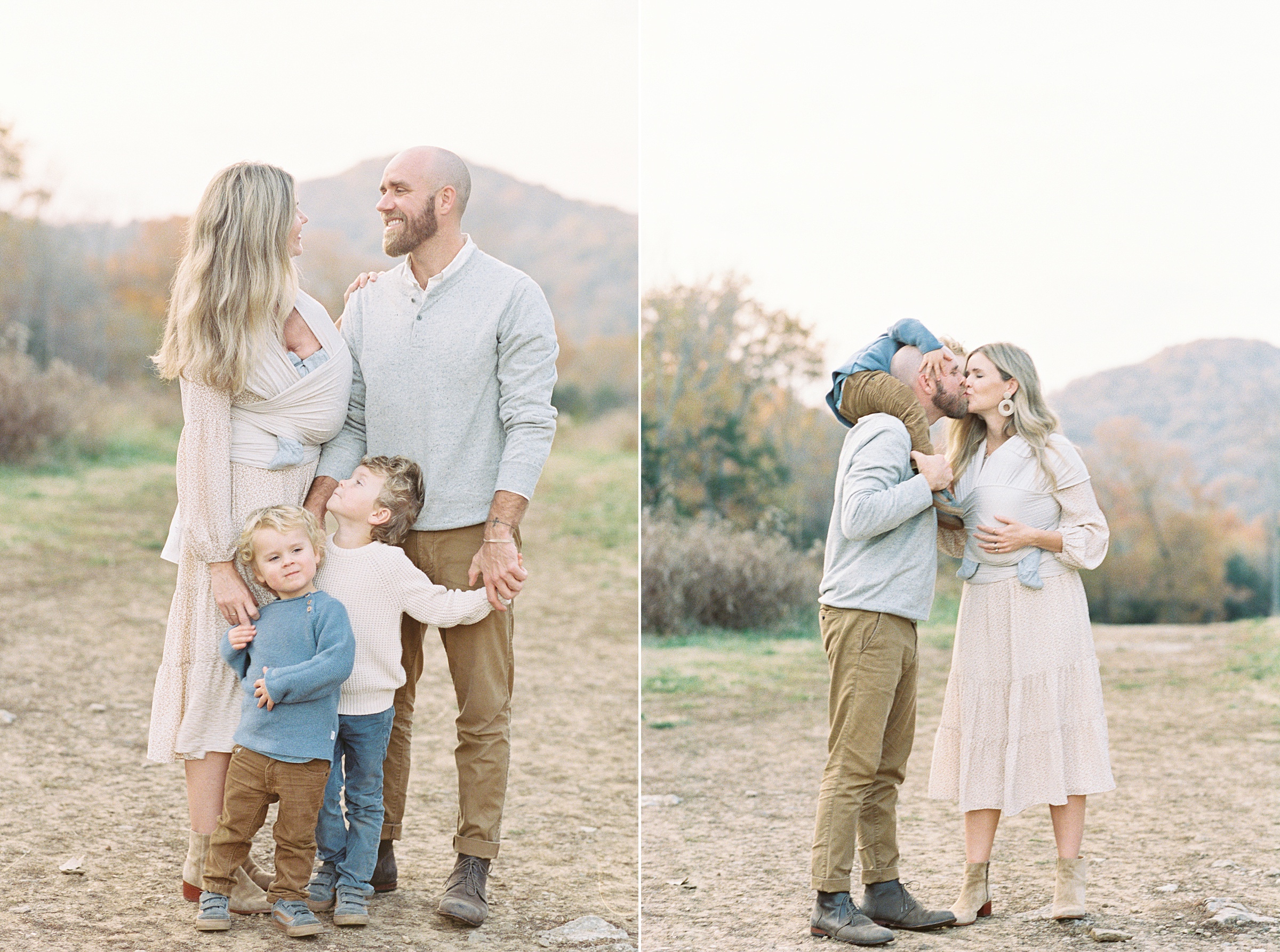 couple with the boys during Brentwood Outdoor Newborn + Family Session