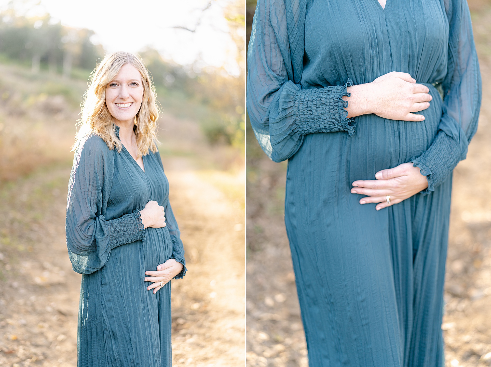 maternity portraits of woman in teal dress